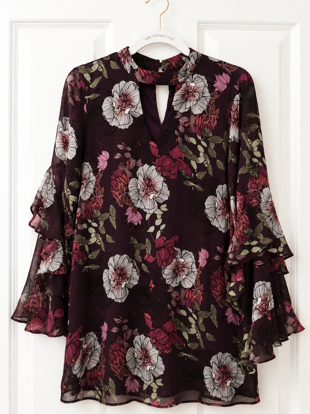 Charlotte Russe Plum Floral Chiffon Ruffle Sleeve Blouse